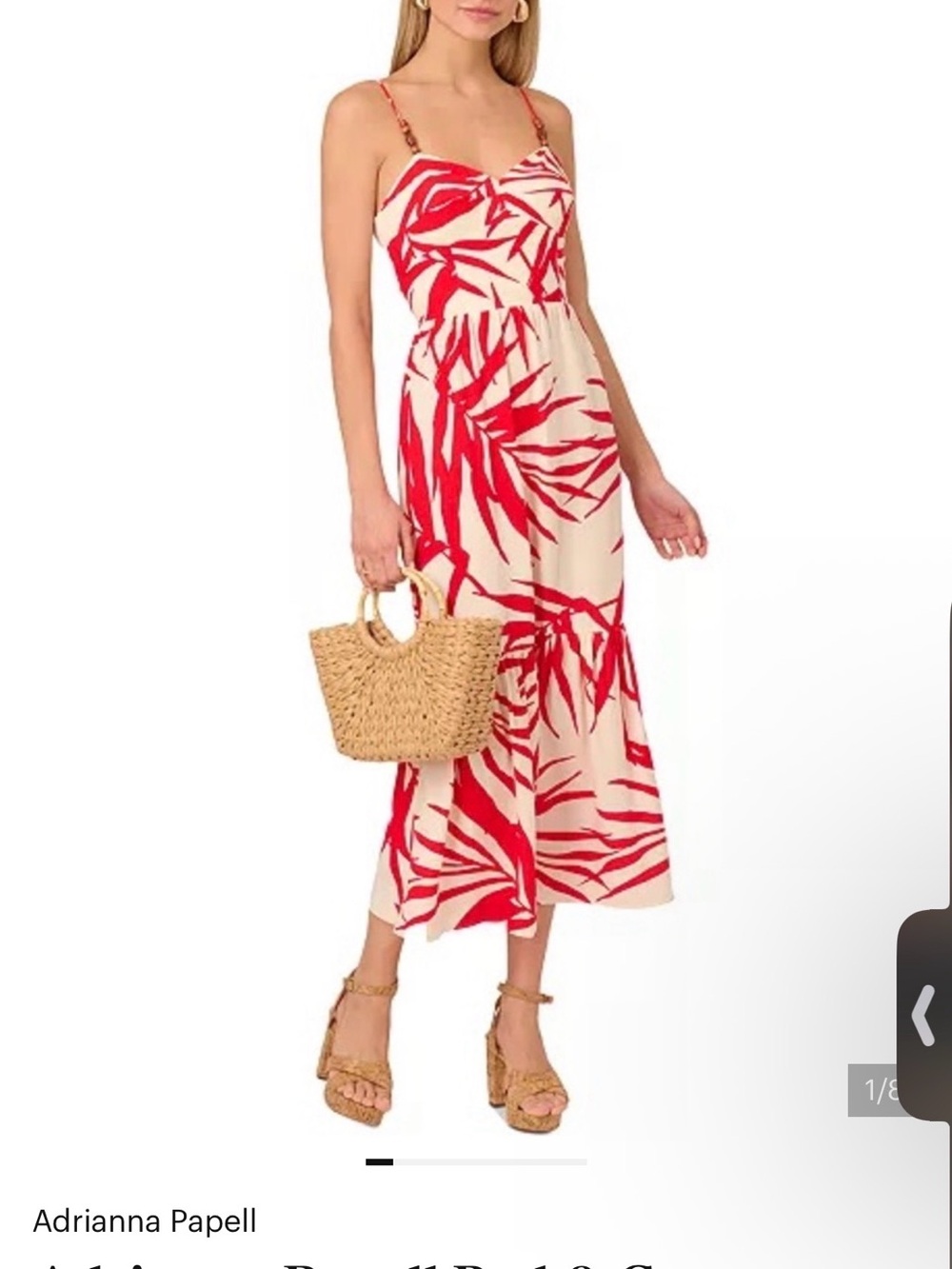 Adrianna Papell Cream Maxi Dress with Red Leaf Print and Spaghetti Straps